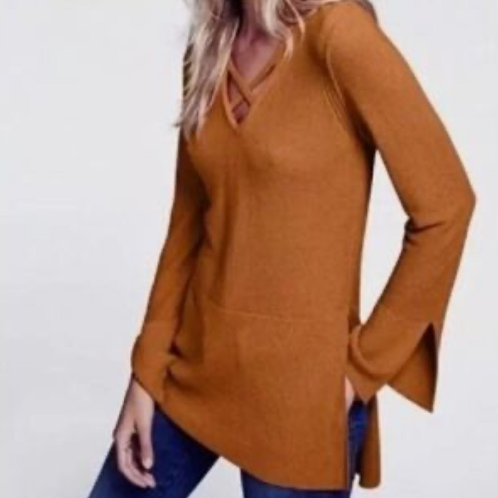 FREE PEOPLE Criss Cross Vneck Hippie Boho Tunic Sweater in Ginger Root